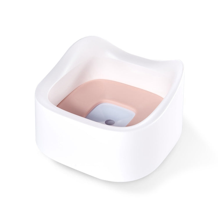White floating pet water bowl with pink insert tray and built-in float platform