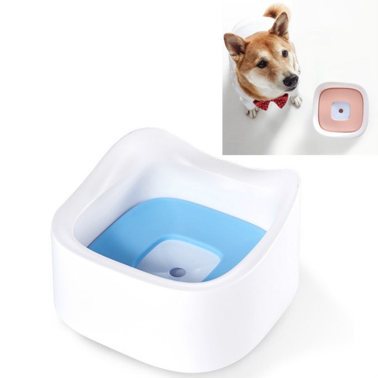 White floating pet drinking bowl with blue interior tray and splash-proof float