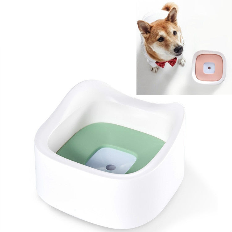 White floating pet water bowl with green interior tray and splash-proof float