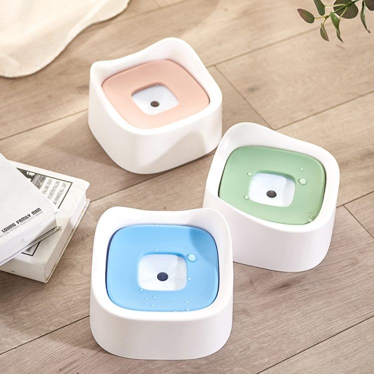 Set of three floating pet water bowls with white bases and blue, green, and pink trays