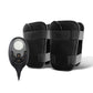 Black EMS leg massager straps with handheld controller remote
