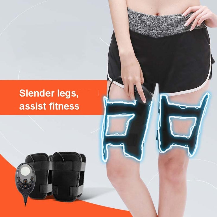 Black leg massager EMS straps worn on thighs with controller