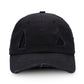 Washed black baseball cap with distressed triangle applique and torn brim