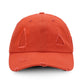 Washed orange baseball cap with distressed triangle applique and ripped brim