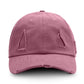 Washed purple baseball cap with distressed triangle applique and ripped brim