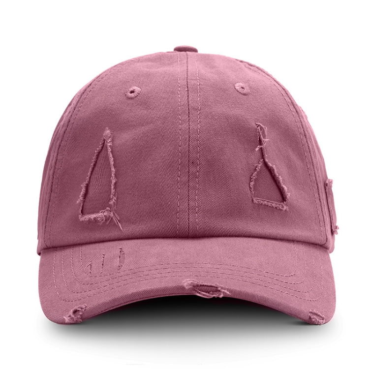 Washed purple baseball cap with distressed triangle applique and ripped brim