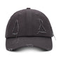 Washed dark gray baseball cap with distressed triangle applique and torn brim