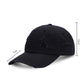Washed black baseball cap with distressed brim and embroidered triangle logo