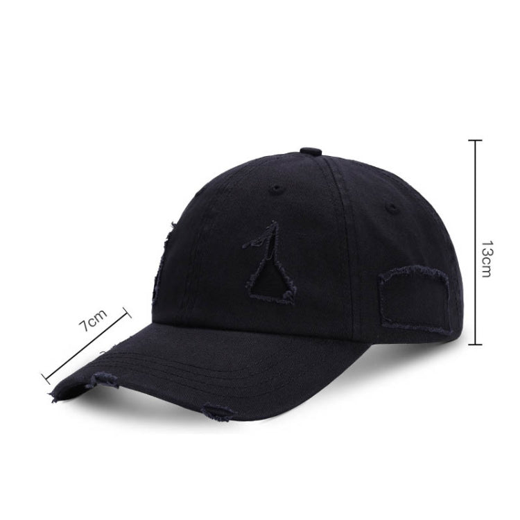 Washed black baseball cap with distressed brim and embroidered triangle logo