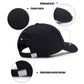 Distressed black baseball cap with adjustable buckle strap and wide brim