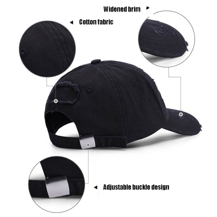 Distressed black baseball cap with adjustable buckle strap and wide brim
