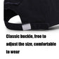 Black baseball cap with adjustable strap and buckle at the back