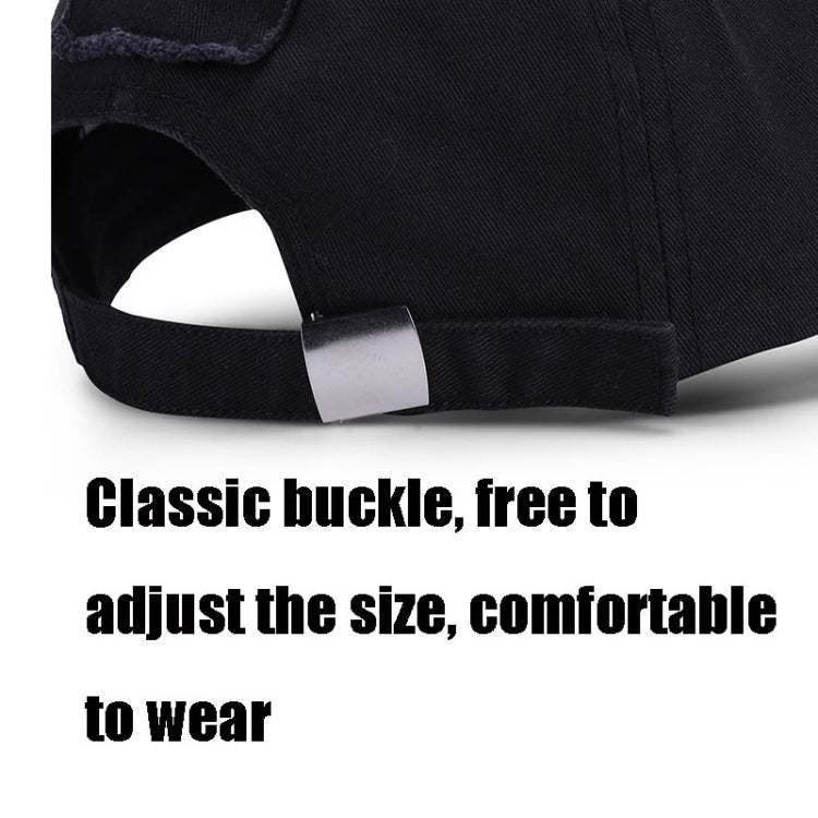 Black baseball cap with adjustable strap and buckle at the back