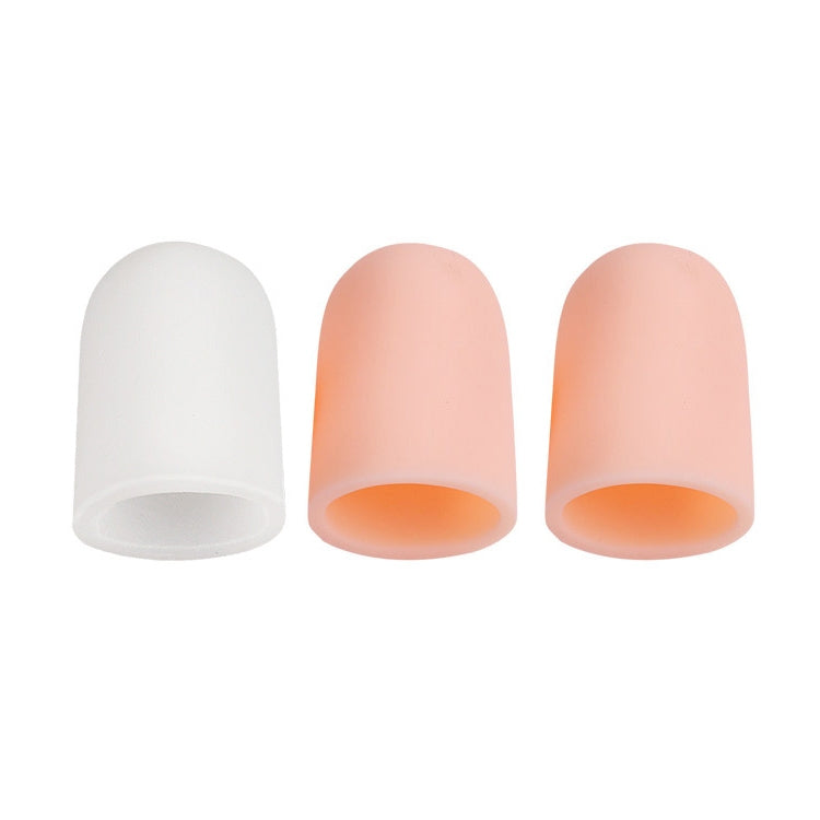 Toe corn protector caps in white and peach-orange, three views