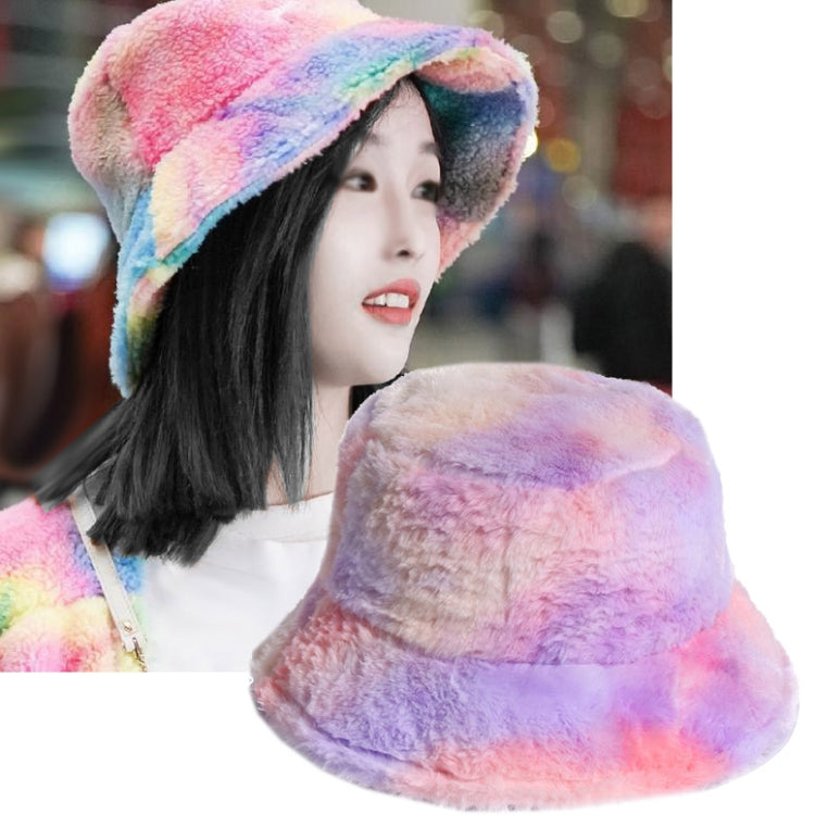 Plush rainbow fisherman bucket hat with wide brim, pastel pink and purple.