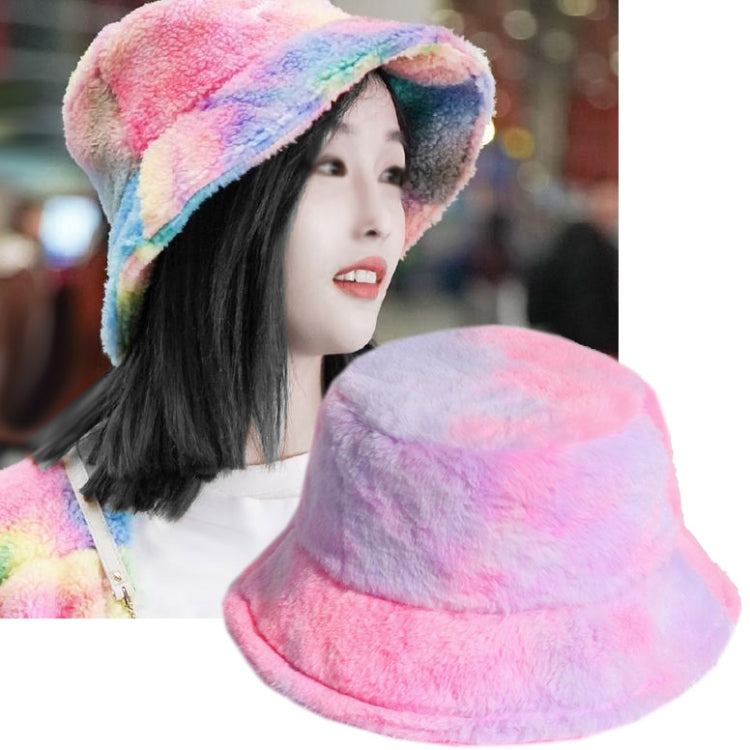 Plush rainbow fisherman bucket hat with wide brim, soft pink and rainbow tones.