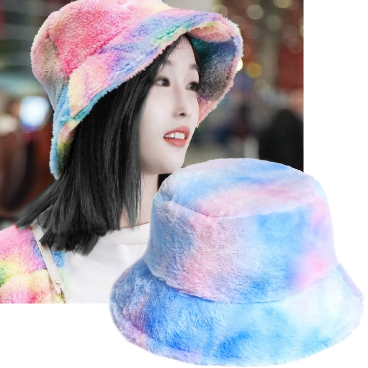 Plush rainbow fisherman bucket hat with wide brim, light blue with pastel accents.
