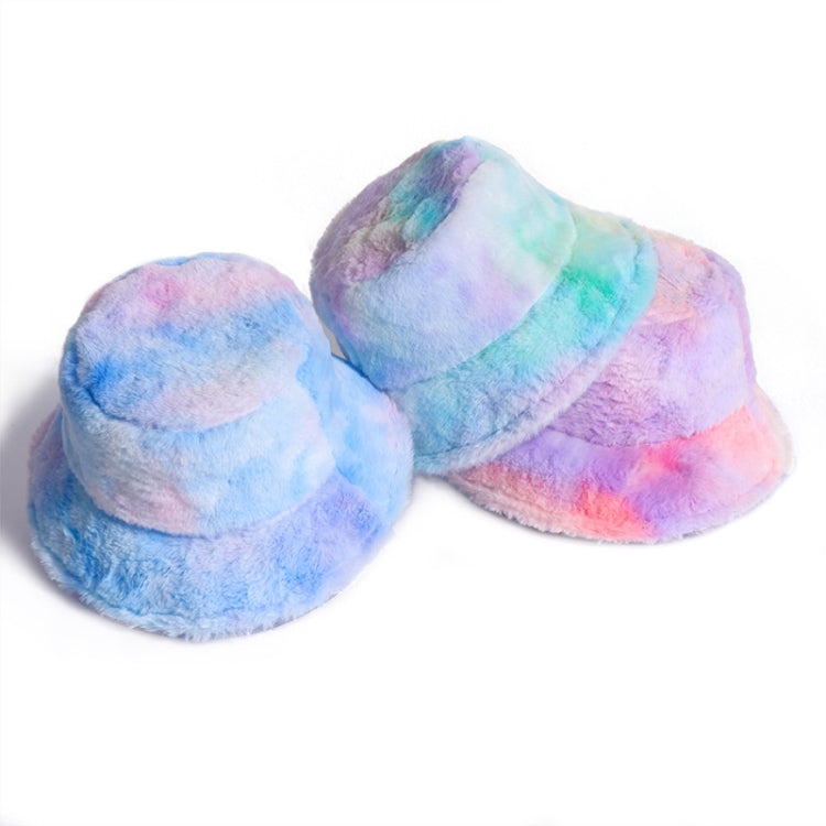 Plush rainbow fisherman bucket hats, pastel blue and lavender with pink highlights.