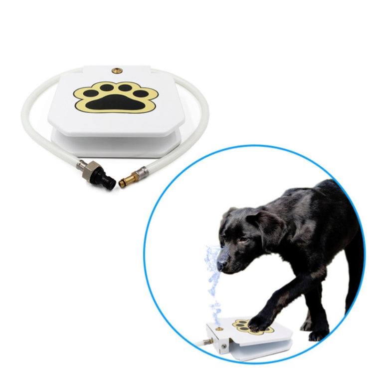 White automatic dog water fountain with paw logo and tubing set shown