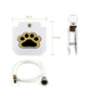 Automatic dog water fountain with paw logo, dimensions view and hose connections