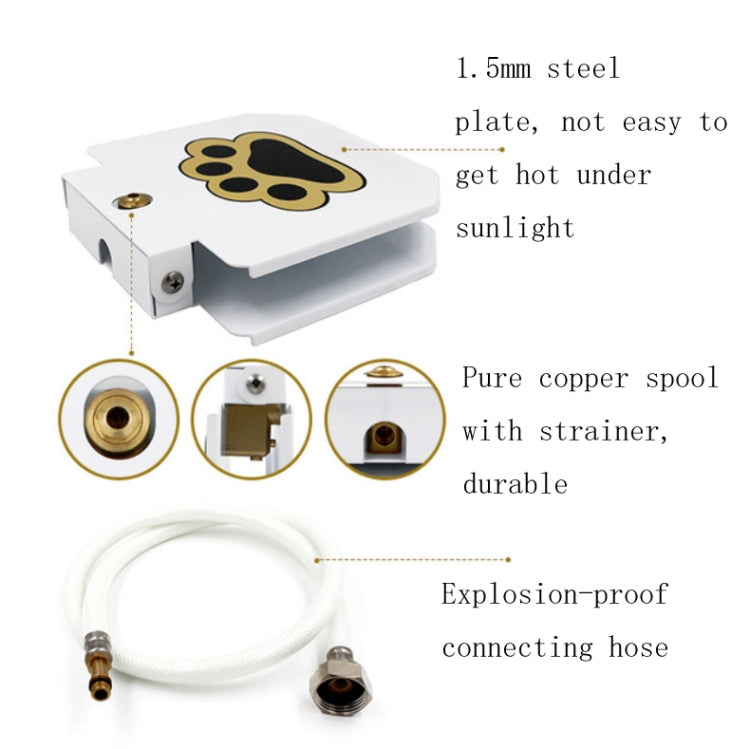 White automatic dog water fountain with paw logo, metal plate and connecting hose