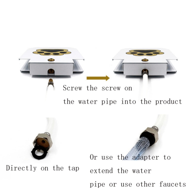 Automatic dog water fountain installation view with water pipe connection points