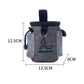 Grey pet training waist bag with size diagram, top opening, and dog logo graphic