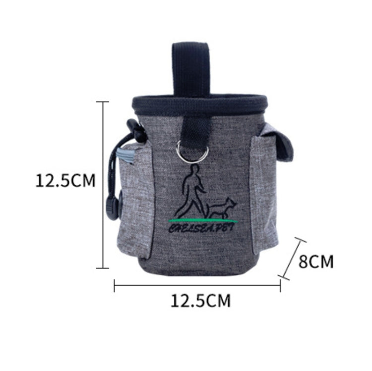 Grey pet training waist bag with size diagram, top opening, and dog logo graphic