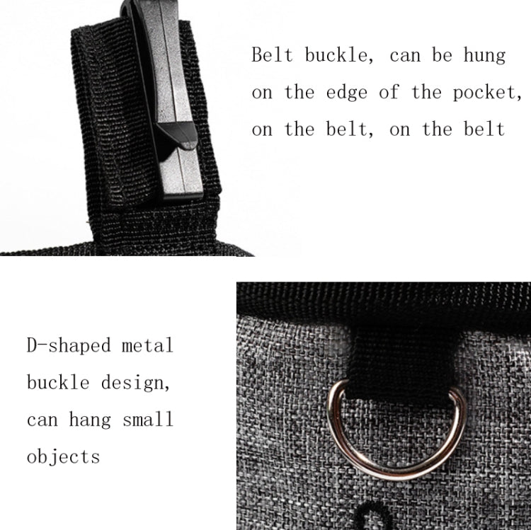 Grey pet waist bag showing D-shaped metal ring buckle and belt-hang strap