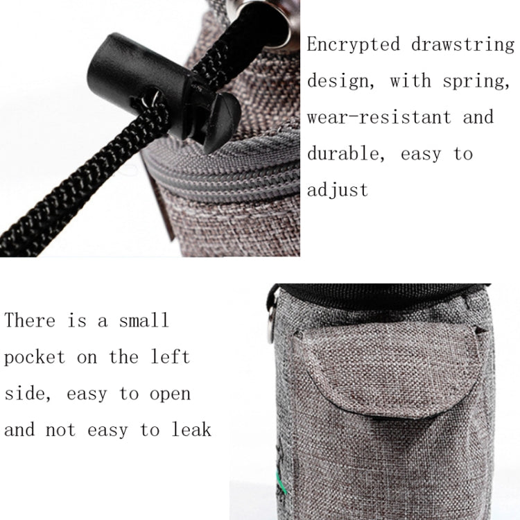 Grey pet waist snack bag detail of encrypted drawstring and side zip pocket