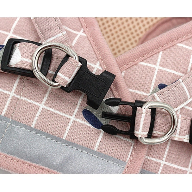 Pink grid pet chest harness with metal rings, black connectors, and leash buckles