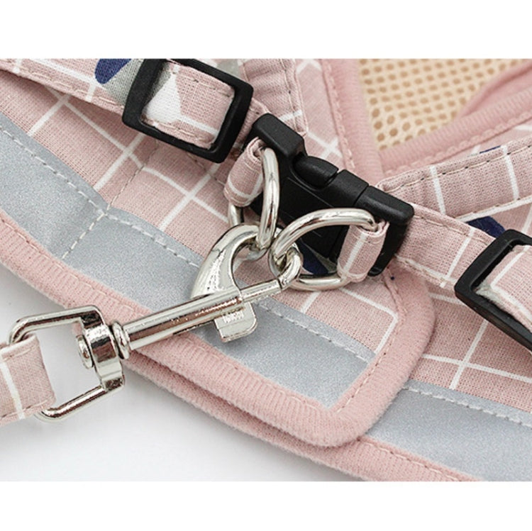 Pink grid pet chest harness with metal D-rings, black strap buckles, and leash clips