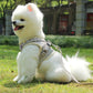 Gray plaid pet chest leash vest with traction rope, side view on sitting dog