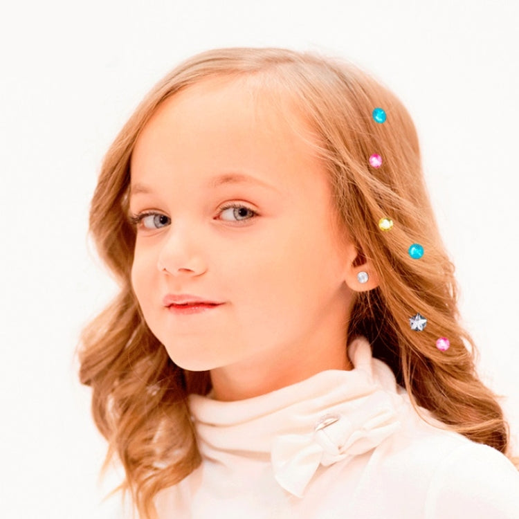 Young girl with multicolor rhinestone sticker hair accents