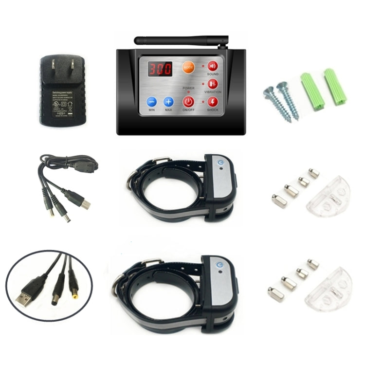 Dog training kit with remote, receiver collars, charger, cables, and mounting hardware