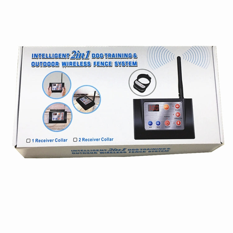 Retail box for 2-in-1 wireless dog training system with remote and receiver collar icons