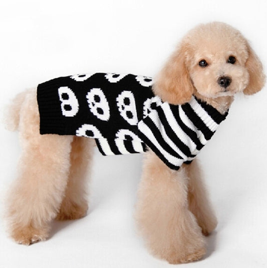 Skull pet sweater for dogs, black knit with white skull graphics and striped sleeves