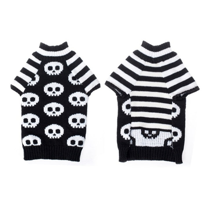 Pet sweater pair, black knit with white skulls and black-and-white striped cuffs