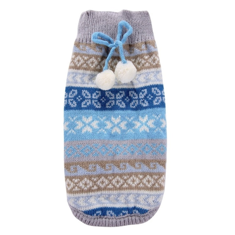Blue knit pet sweater with fair isle stripes and pom-pom ribbon detail
