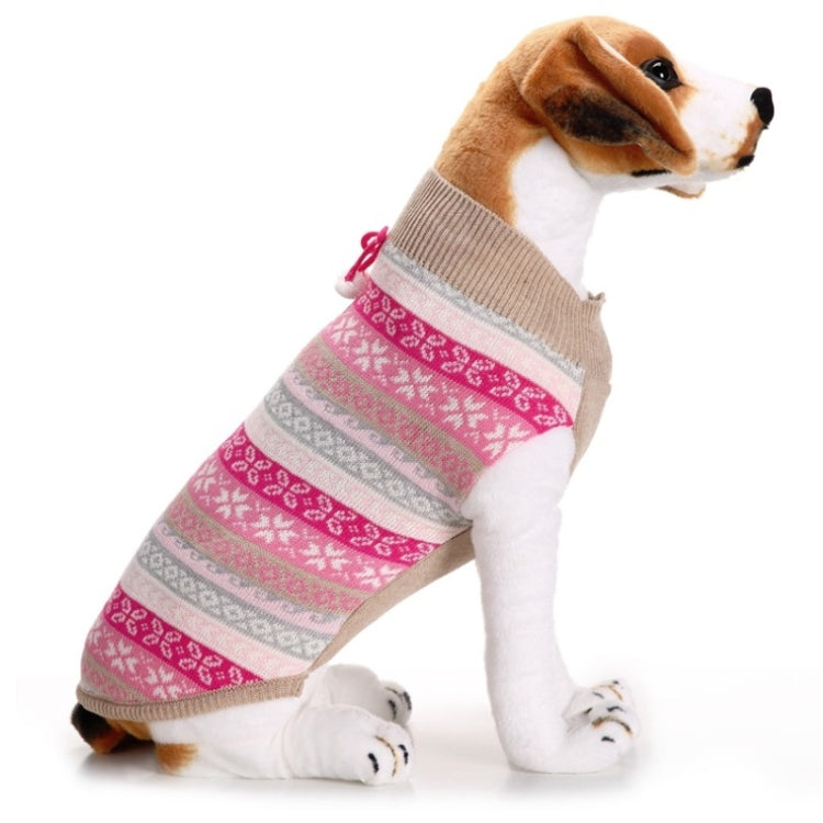 Pet sweater with pink and gray striped knit snowflake pattern, beige turtleneck