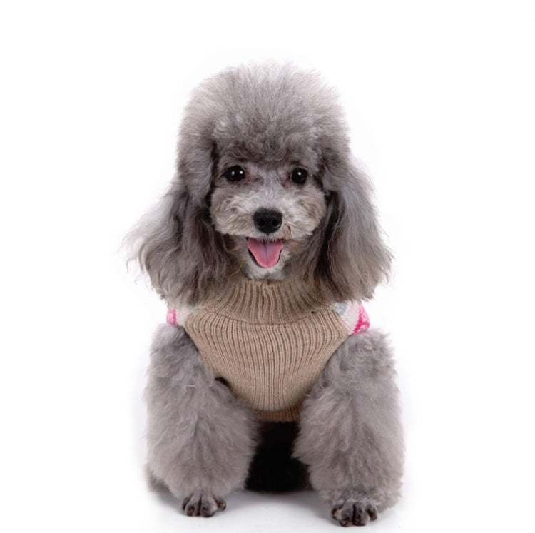 Pet turtleneck sweater in beige knit with pink trim, worn by small dog