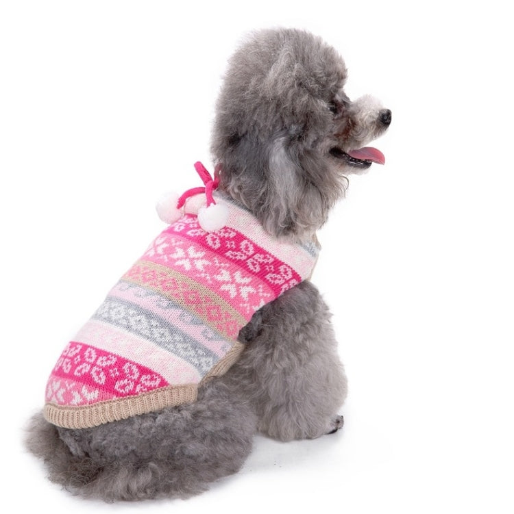 Pink knitted pet sweater with fair isle snowflake stripes and pom-pom trim