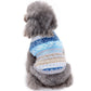 Blue knitted pet sweater back view with fair isle snowflake and stripe bands
