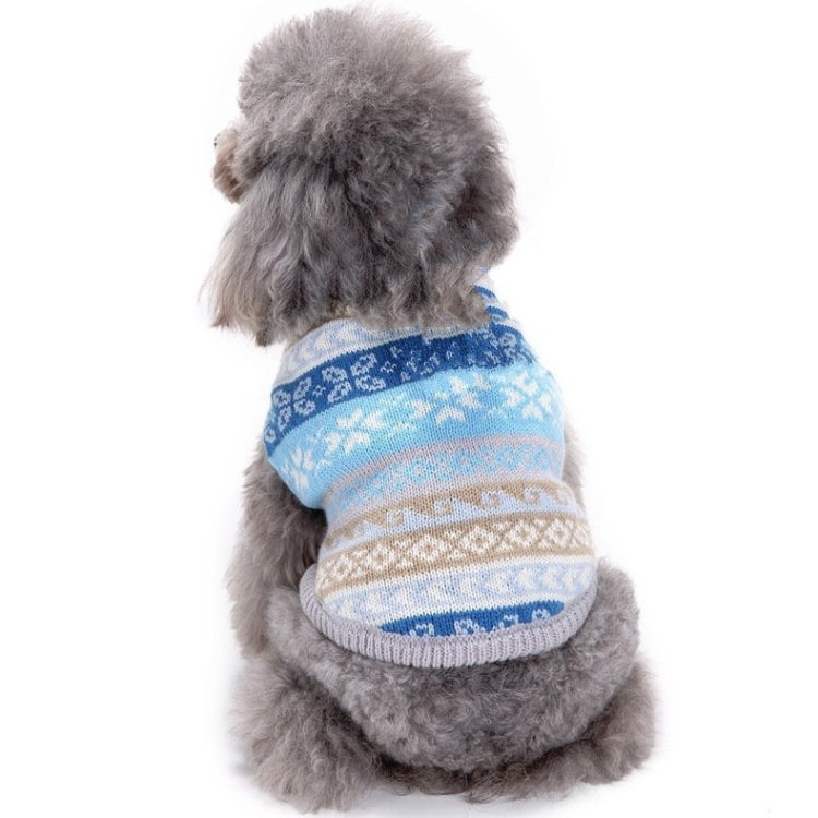 Small pet knitted sweater, blue and white winter snowflake stripe pattern