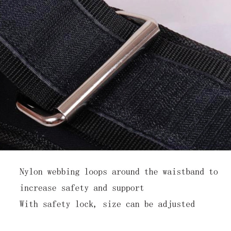Close-up of black webbing waist belt with metal buckle