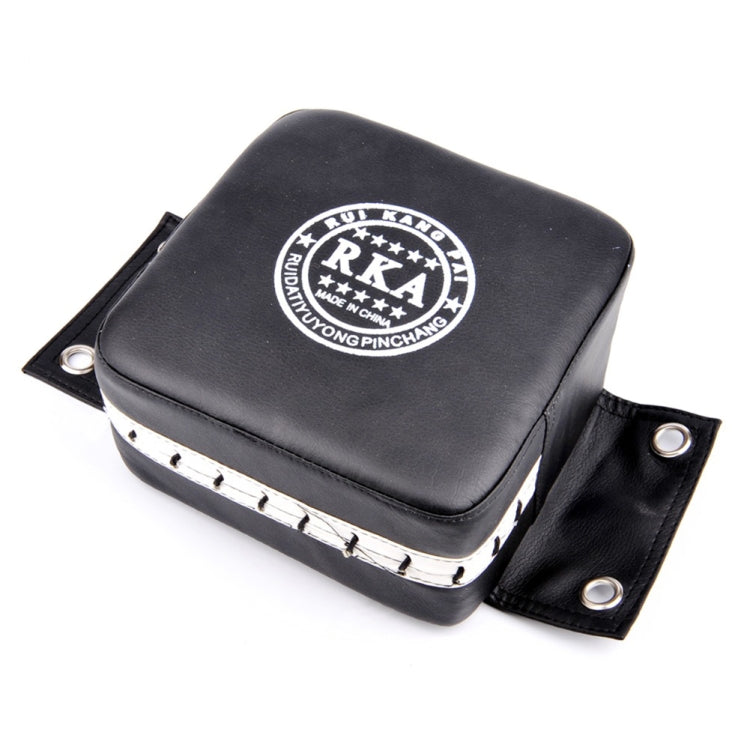 Black square wall target pad with RKA logo, mounting strap, and metal grommets
