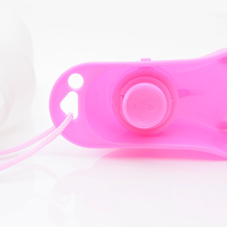 Pink pet water bottle drinking feeder with circular spout opening and tether cord