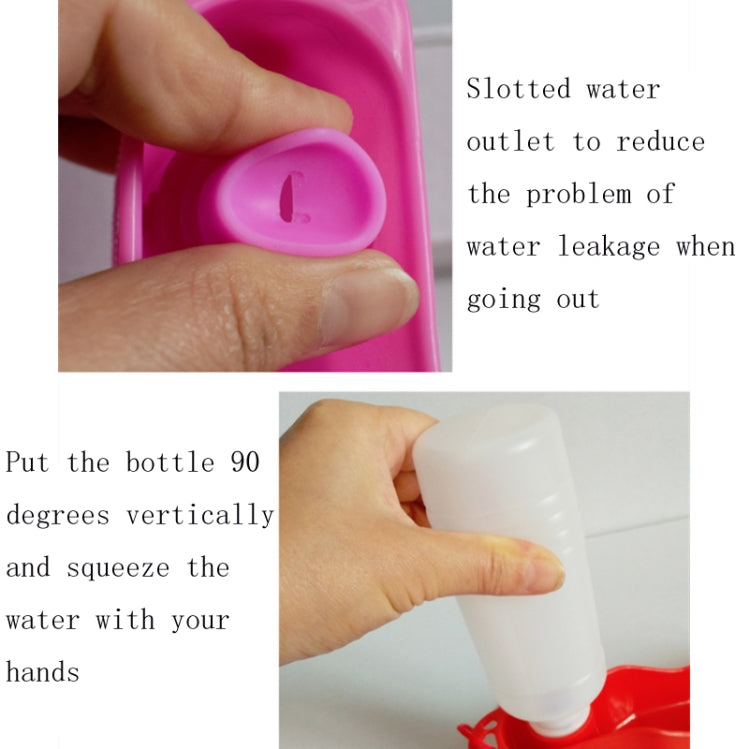 Pink pet water bottle drinking feeder with hand-held squeeze bottle and spouted outlet