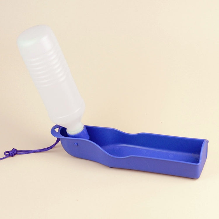 Blue pet water bottle drinking feeder base with white bottle and rope loop handle