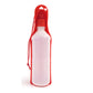 Pet water bottle drinking feeder with red cap and white bottle, red loop carrying cord